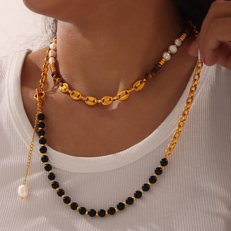 Olivenorma Tiger Eye Obsidian Freshwater Pearl Titanium Steel Necklace - image 0