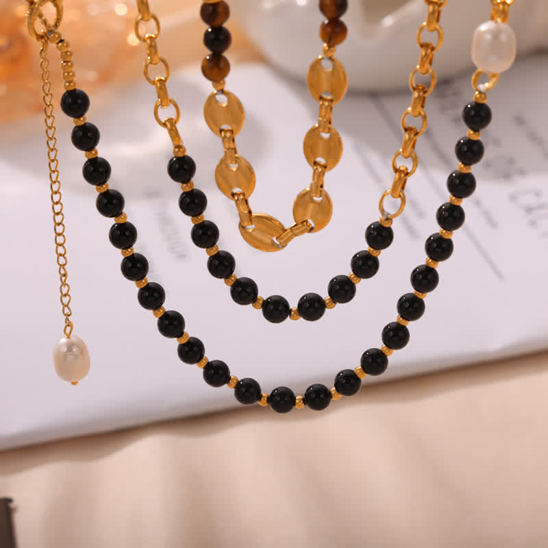 Olivenorma Tiger Eye Obsidian Freshwater Pearl Titanium Steel Necklace - image 9