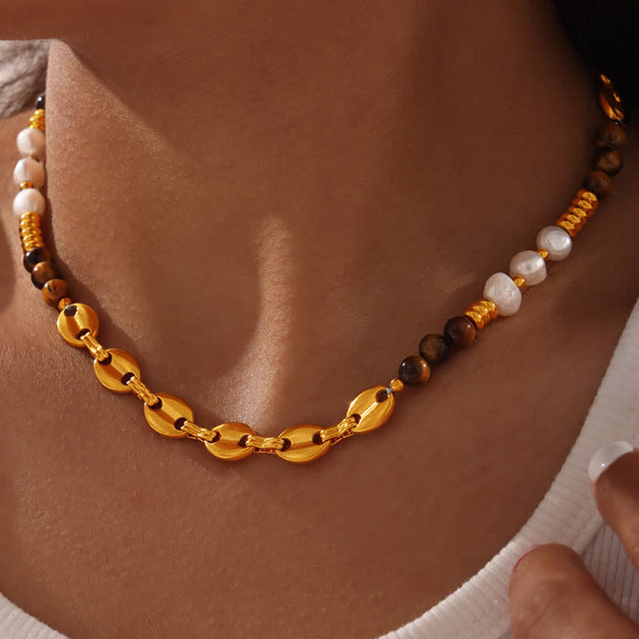 Olivenorma Tiger Eye Obsidian Freshwater Pearl Titanium Steel Necklace - image 2
