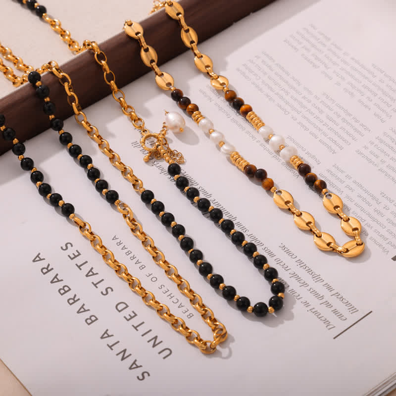 Olivenorma Tiger Eye Obsidian Freshwater Pearl Titanium Steel Necklace - image 11