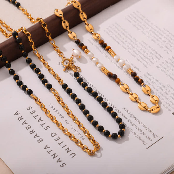 Olivenorma Tiger Eye Obsidian Freshwater Pearl Titanium Steel Necklace - image 11