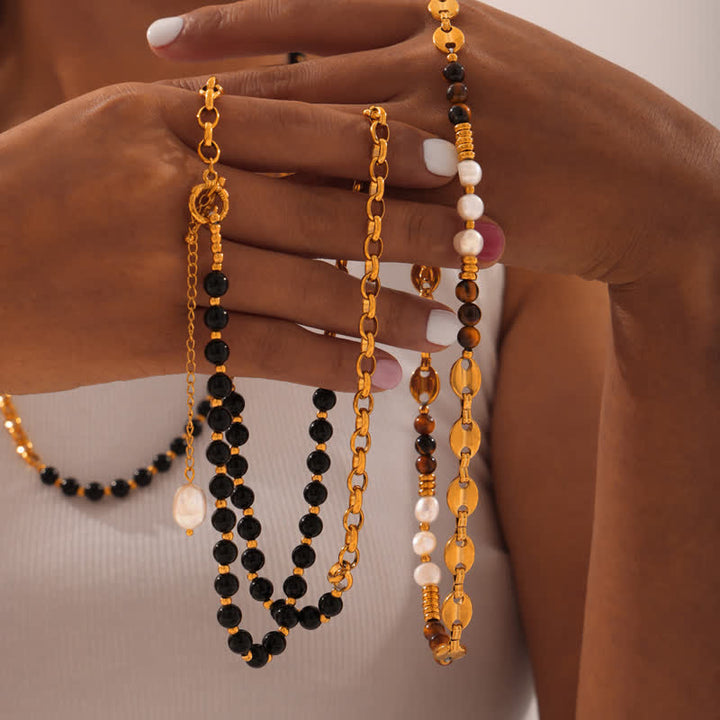 Olivenorma Tiger Eye Obsidian Freshwater Pearl Titanium Steel Necklace - image 10