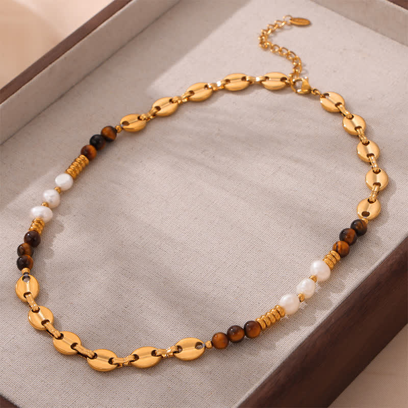 Olivenorma Tiger Eye Obsidian Freshwater Pearl Titanium Steel Necklace - image 3