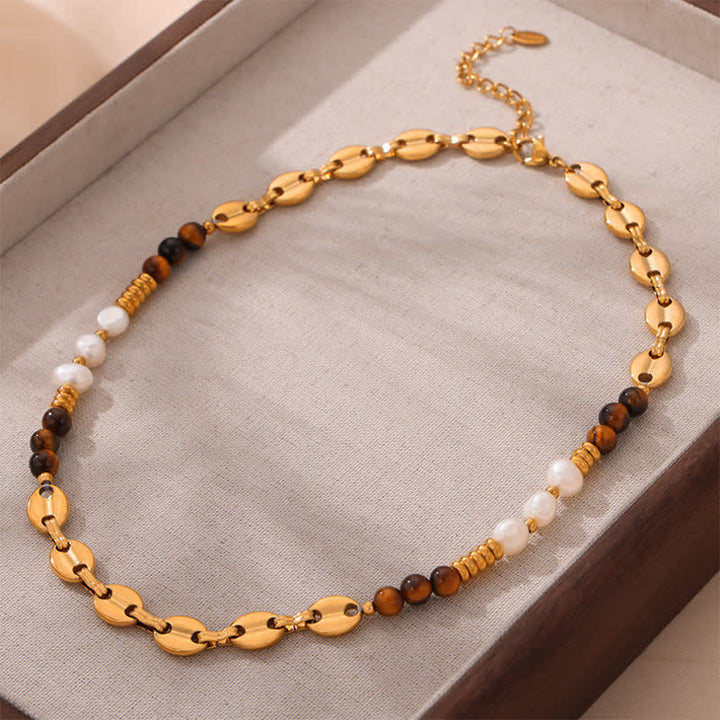 Olivenorma Tiger Eye Obsidian Freshwater Pearl Titanium Steel Necklace - image 3