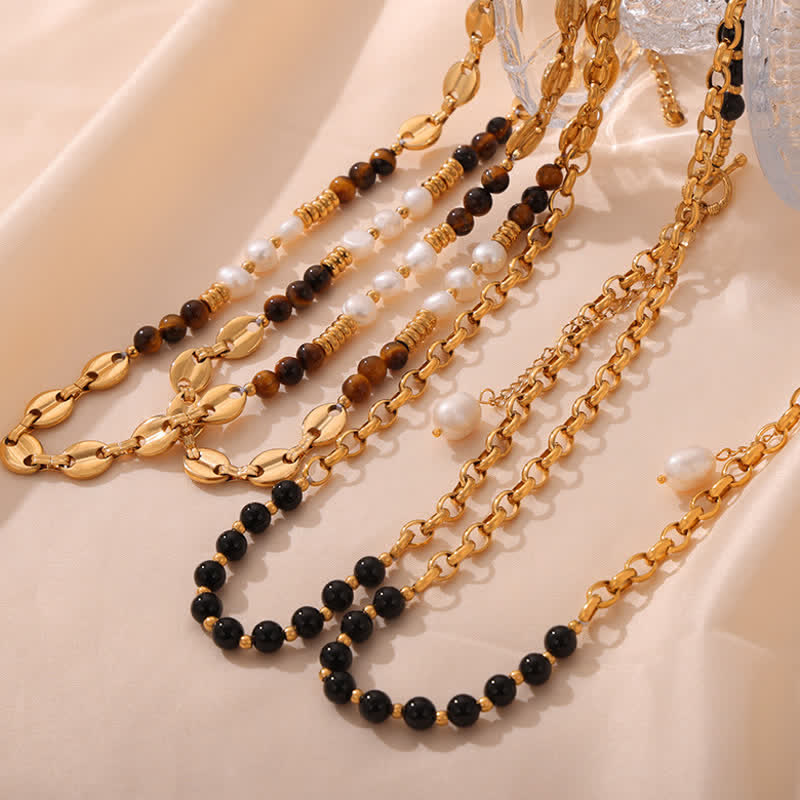 Olivenorma Tiger Eye Obsidian Freshwater Pearl Titanium Steel Necklace - image 13
