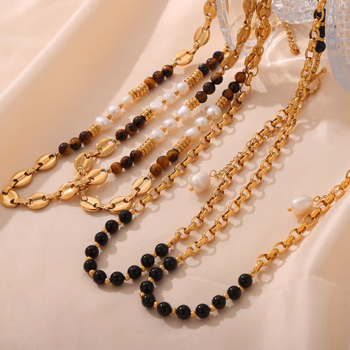 Olivenorma Tiger Eye Obsidian Freshwater Pearl Titanium Steel Necklace - image 13