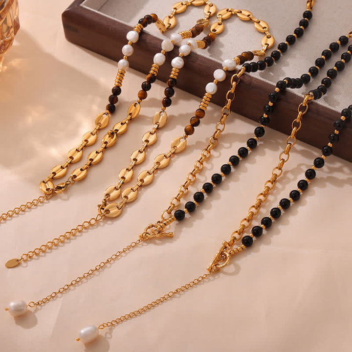 Olivenorma Tiger Eye Obsidian Freshwater Pearl Titanium Steel Necklace - image 12