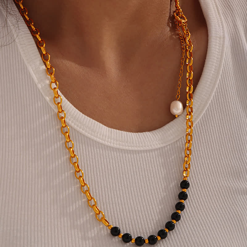 Olivenorma Tiger Eye Obsidian Freshwater Pearl Titanium Steel Necklace - image 7