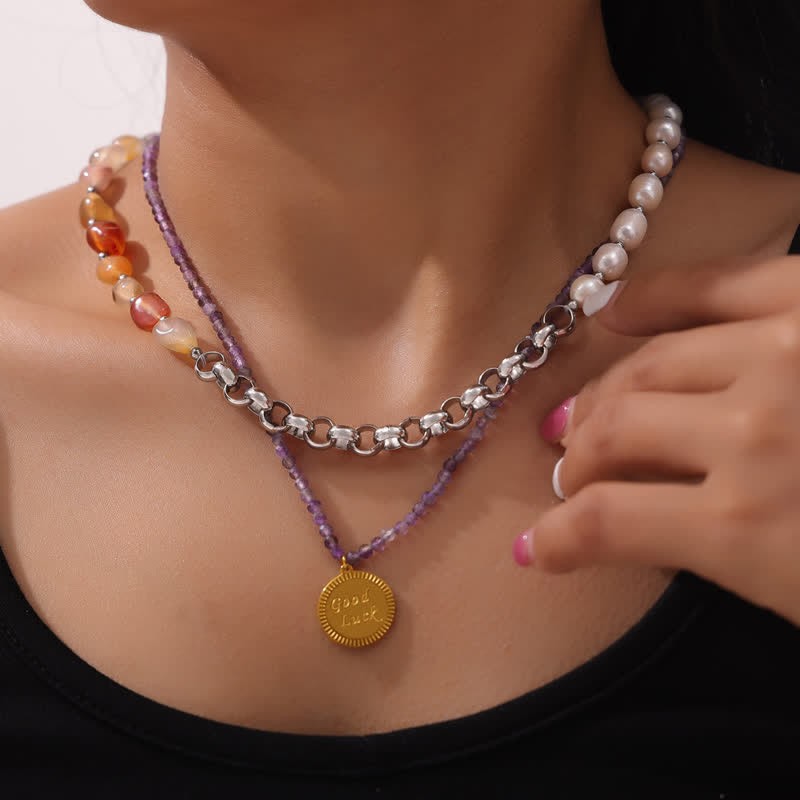 Olivenorma Carnelian Freshwater Pearl Titanium Steel Necklace - Carnelian & Freshwater Pearl - image 0