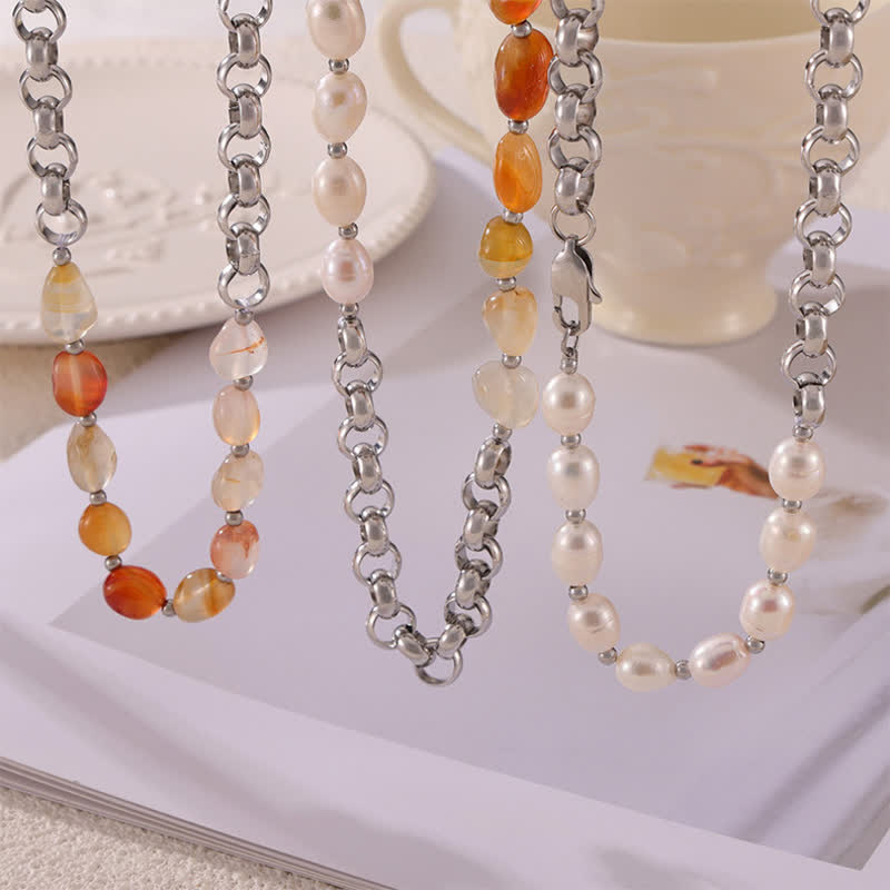 Olivenorma Carnelian Freshwater Pearl Titanium Steel Necklace - image 7