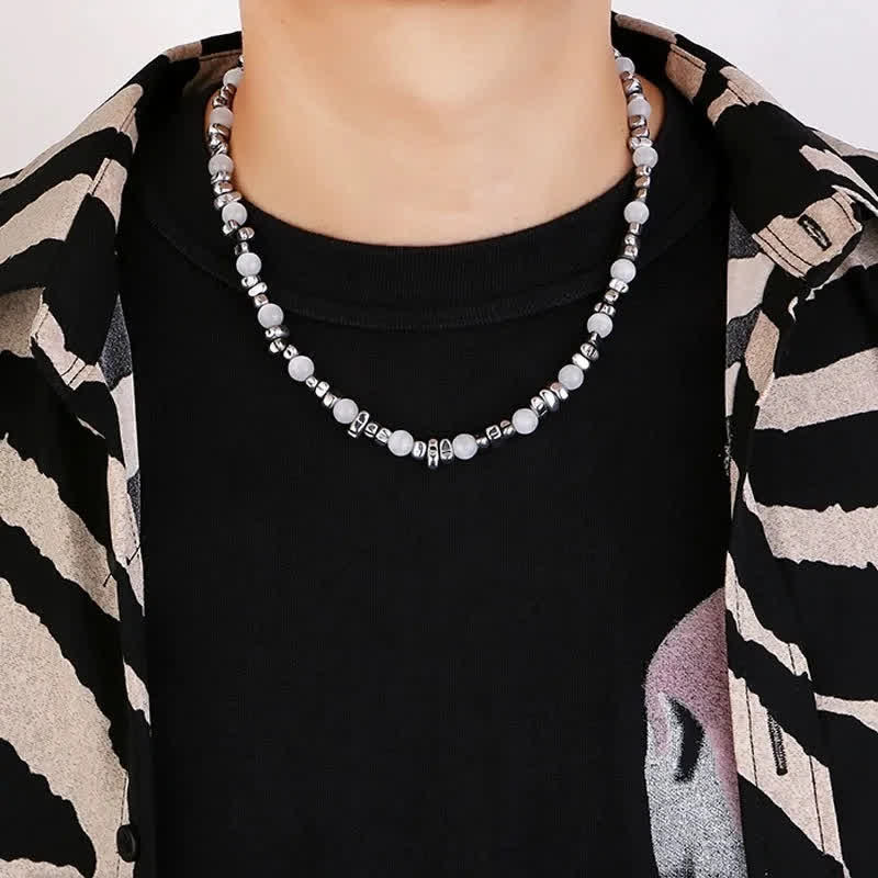 Olivenorma Hip Hop Cat's Eye Stone Hematite Beaded Necklace - image 3