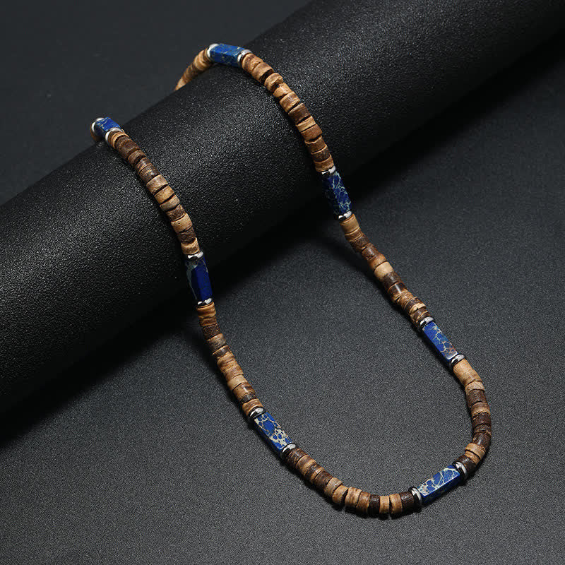 Olivenorma Brown Coconut Wood & Natural Stone Beads For Inner Peace Necklace - Dark Blue Emperor Stone - image 9