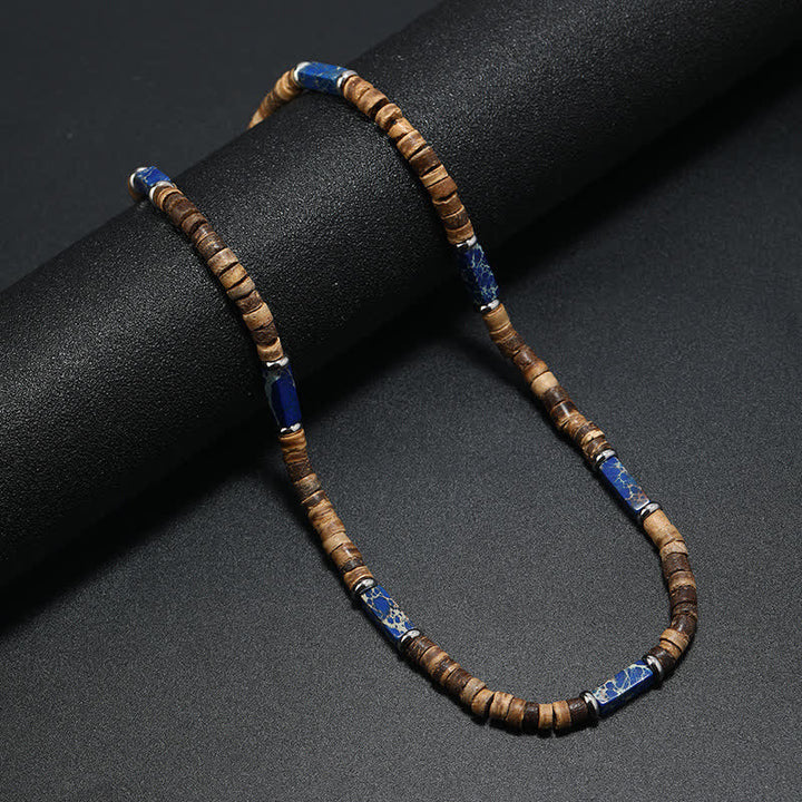 Olivenorma Brown Coconut Wood & Natural Stone Beads For Inner Peace Necklace - Dark Blue Emperor Stone - image 9