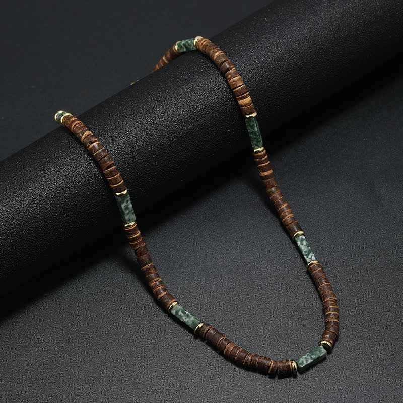Olivenorma Brown Coconut Wood & Natural Stone Beads For Inner Peace Necklace - Green Jade - image 5