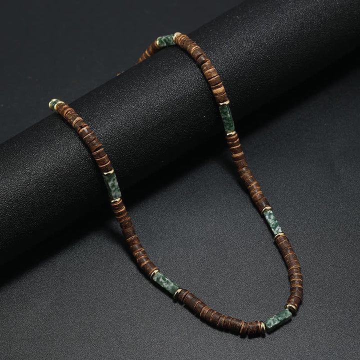 Olivenorma Brown Coconut Wood & Natural Stone Beads For Inner Peace Necklace - Green Jade - image 5