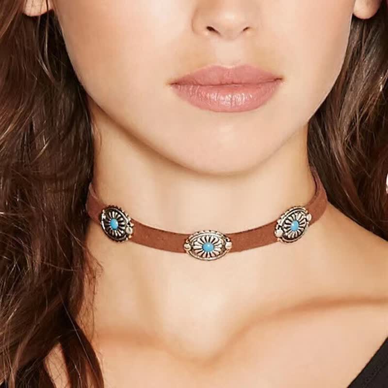 Olivenorma Turquoise Inlay Punk Style PU Leather Bracelet Necklace - image 1