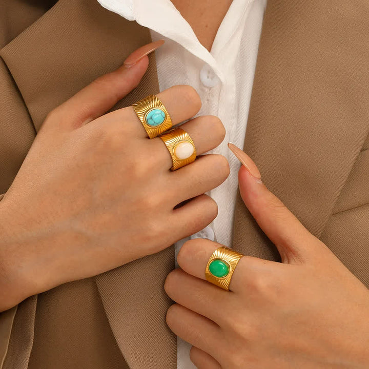 Olivenorma Inlaid Oval Natural Stone Adjustable Wide Ring - image 2