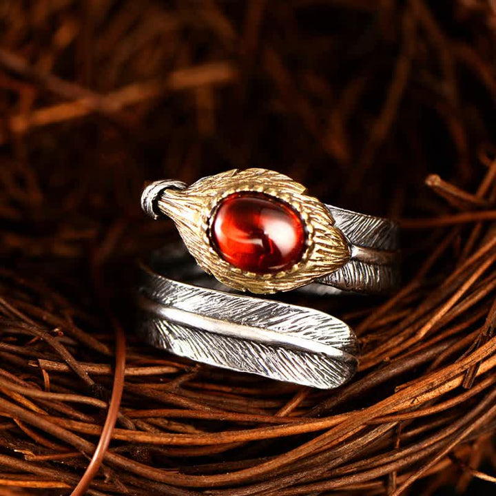 Olivenorma S925 Silver Curved Feather Shape Open Ring - Garnet - image 0