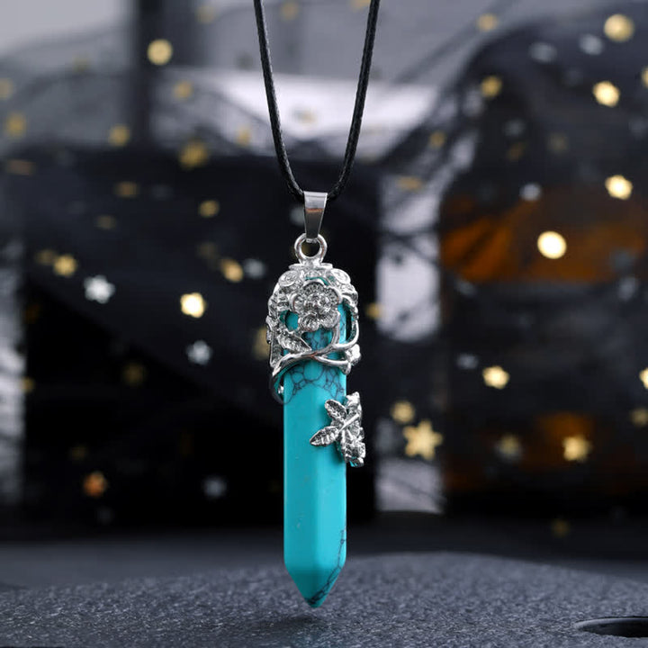Olivenorma Crystal Stone Hexagonal Column Flower Pendant Gemstone Necklace - Green Turquoise - image 14