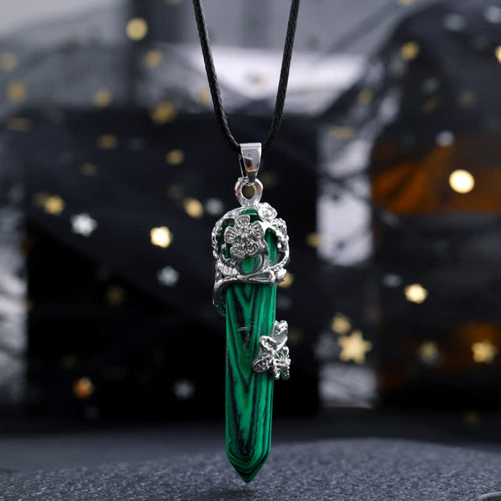Olivenorma Crystal Stone Hexagonal Column Flower Pendant Gemstone Necklace - Malachite - image 19