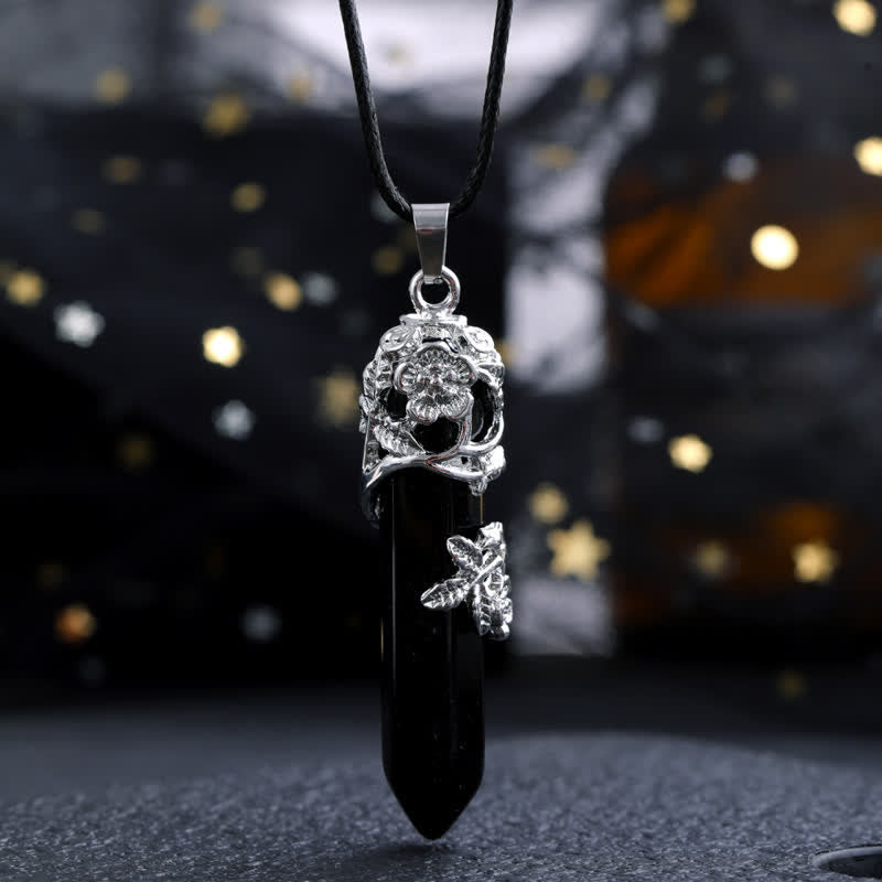 Olivenorma Crystal Stone Hexagonal Column Flower Pendant Gemstone Necklace - Obsidian - image 3