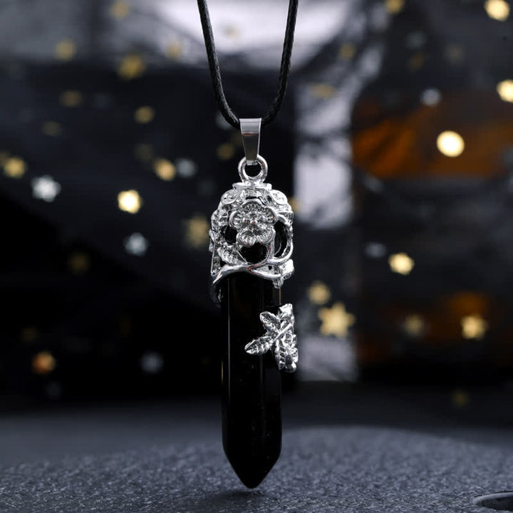 Olivenorma Crystal Stone Hexagonal Column Flower Pendant Gemstone Necklace - Obsidian - image 3