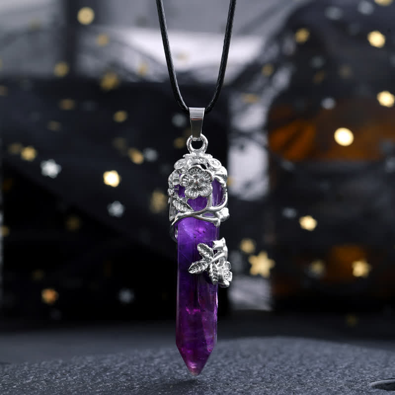Olivenorma Crystal Stone Hexagonal Column Flower Pendant Gemstone Necklace - Amethyst - image 12
