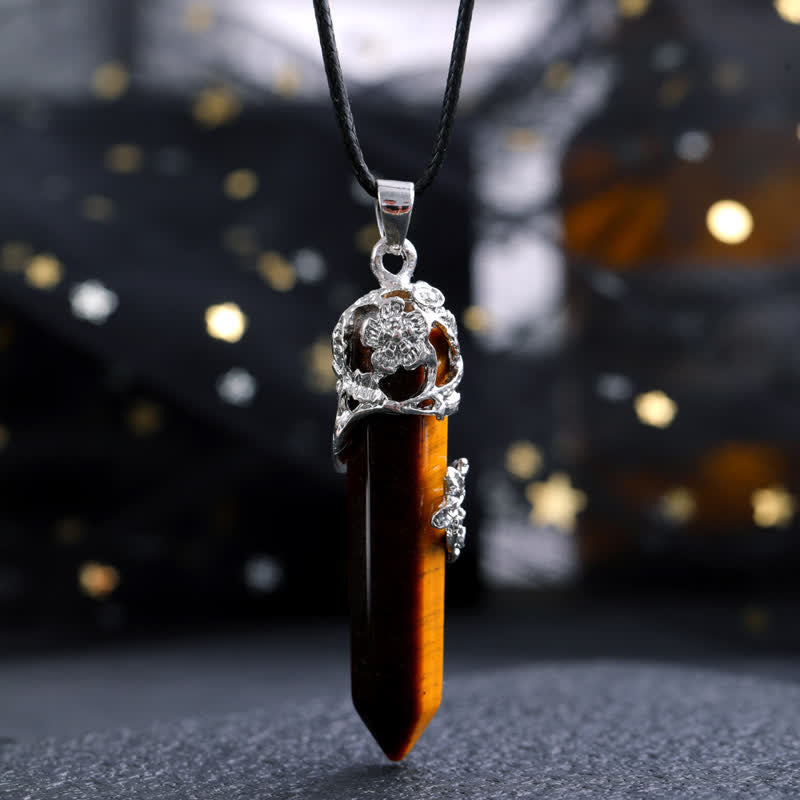Olivenorma Crystal Stone Hexagonal Column Flower Pendant Gemstone Necklace - Tiger Eye - image 1