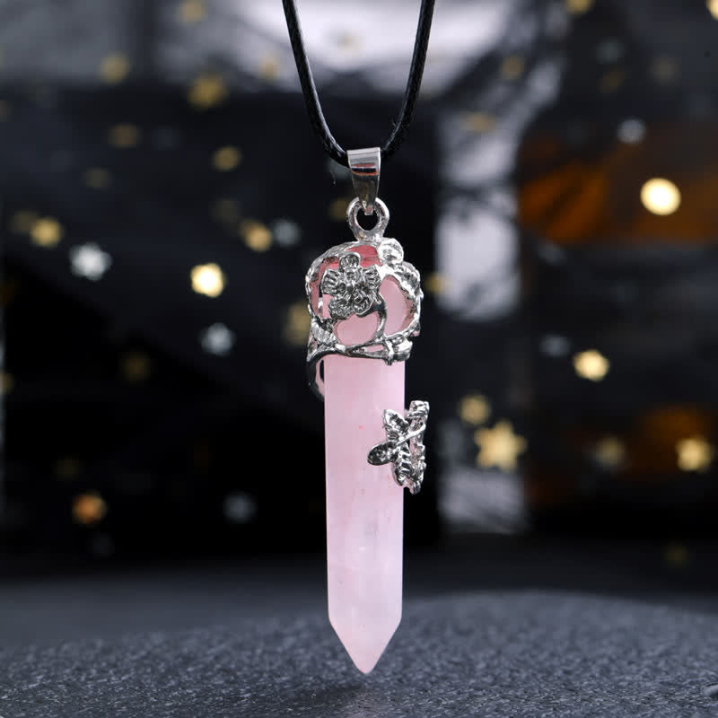 Olivenorma Crystal Stone Hexagonal Column Flower Pendant Gemstone Necklace - Rose Quartz - image 17