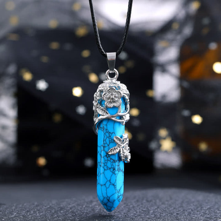 Olivenorma Crystal Stone Hexagonal Column Flower Pendant Gemstone Necklace - Blue Turquoise - image 16