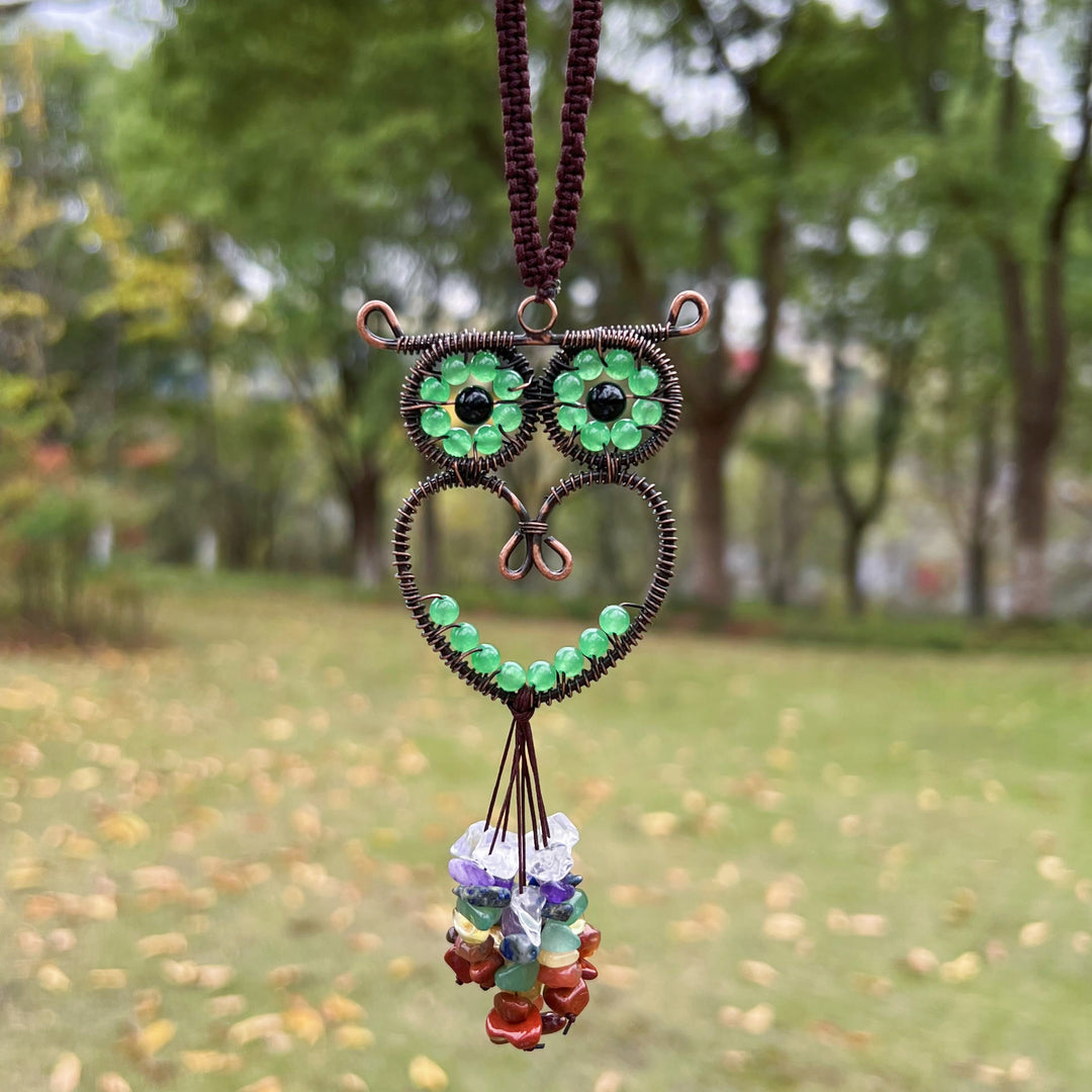 Olivenorma Cute Owl Natural Gemstone Hanging Car Ornament - Green Aventurine - image 4