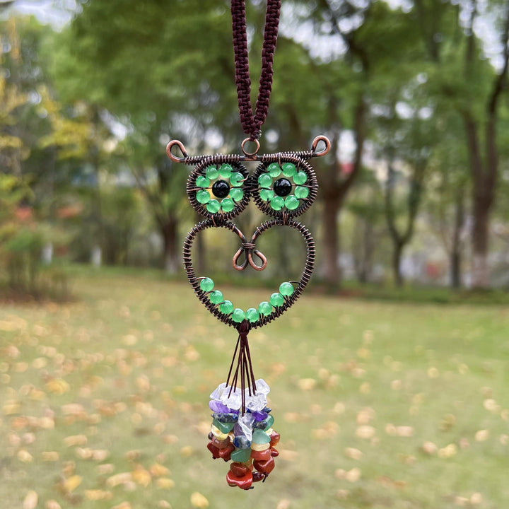 Olivenorma Cute Owl Natural Gemstone Hanging Car Ornament - Green Aventurine - image 4