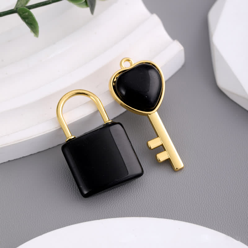 Olivenorma Natural Stone Love Lock Key Pendant Necklace - Obsidian - image 13
