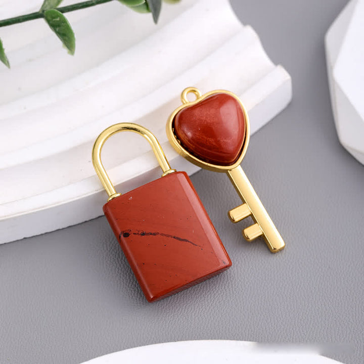 Olivenorma Natural Stone Love Lock Key Pendant Necklace - Red Jasper - image 9