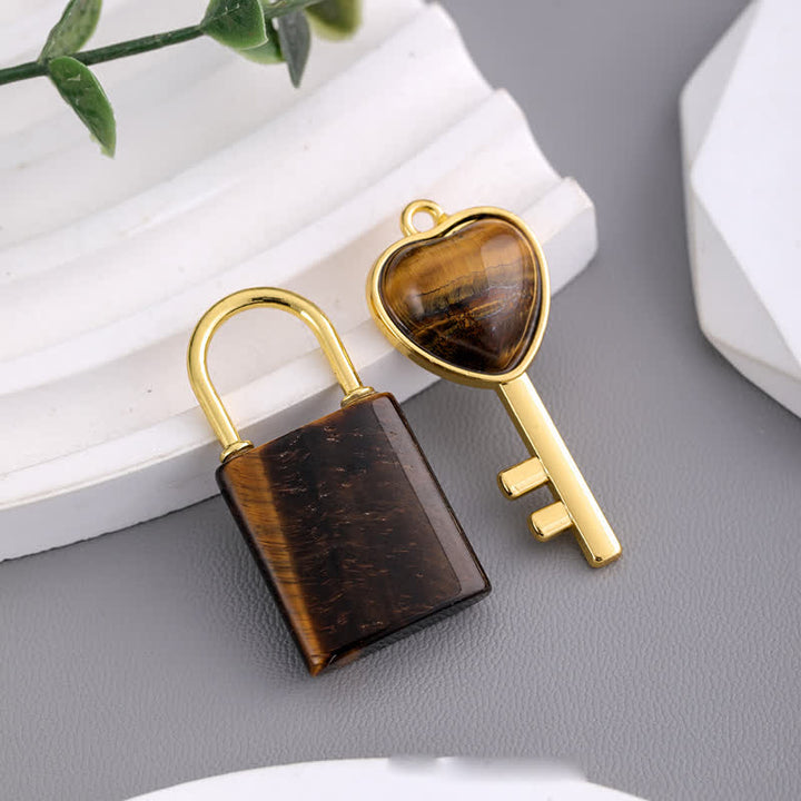 Olivenorma Natural Stone Love Lock Key Pendant Necklace - Tiger Eye - image 15