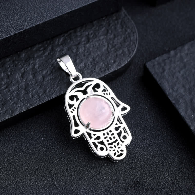 Olivenorma Natural Stone Hamsa Symbol Pendant Necklace - Rose Quartz - image 5