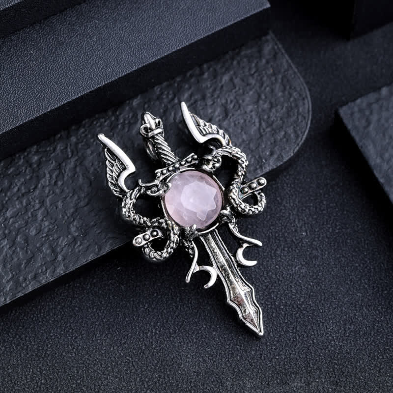 Olivenorma Natural Stone Flying Dragon Sword Pendant Necklace - Rose Quartz - image 5