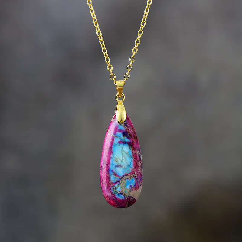 Olivenorma Natural Color Emperor Stone Water Drop Pendant Necklace - Purple BlueEmperor Stone - Golden - image 2