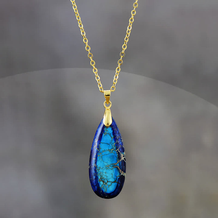 Olivenorma Natural Color Emperor Stone Water Drop Pendant Necklace - Blue Emperor Stone - Golden - image 6