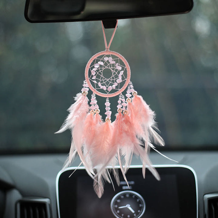 Olivenorma Natural Rose Quartz Amethyst Feather Dream Catcher Ornament - Rose Quartz - image 0