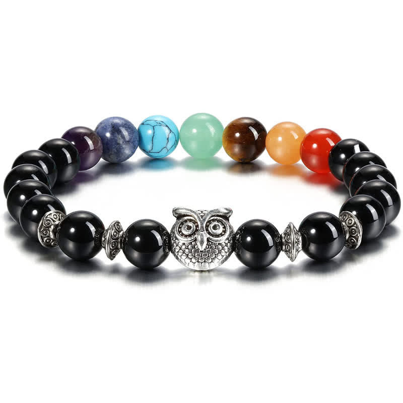 Olivenorma Natural Stone Chakra Owl Pendant Beaded Bracelet - Chakra & Obsidian - image 2