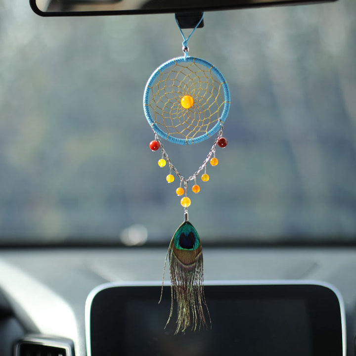Olivenorma Handmade Agate Peacock Feather Dream Catcher Ornament - Yellow Agate & Red Agate - image 0