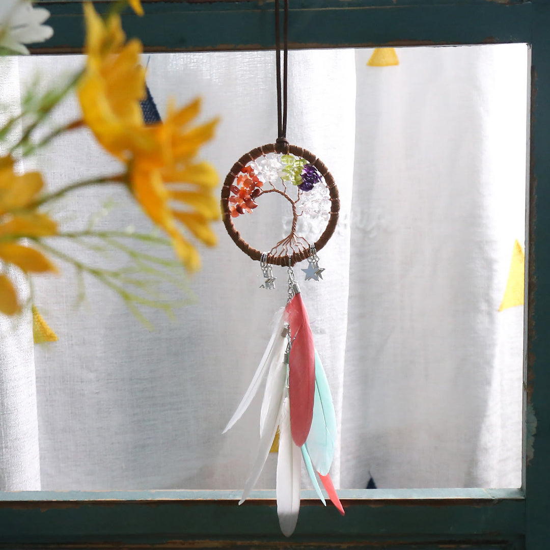 Olivenorma Tree of Life Gemstone Dream Catcher Hanging Ornament - Rainbow Crystal - White&Red Feather  - image 15