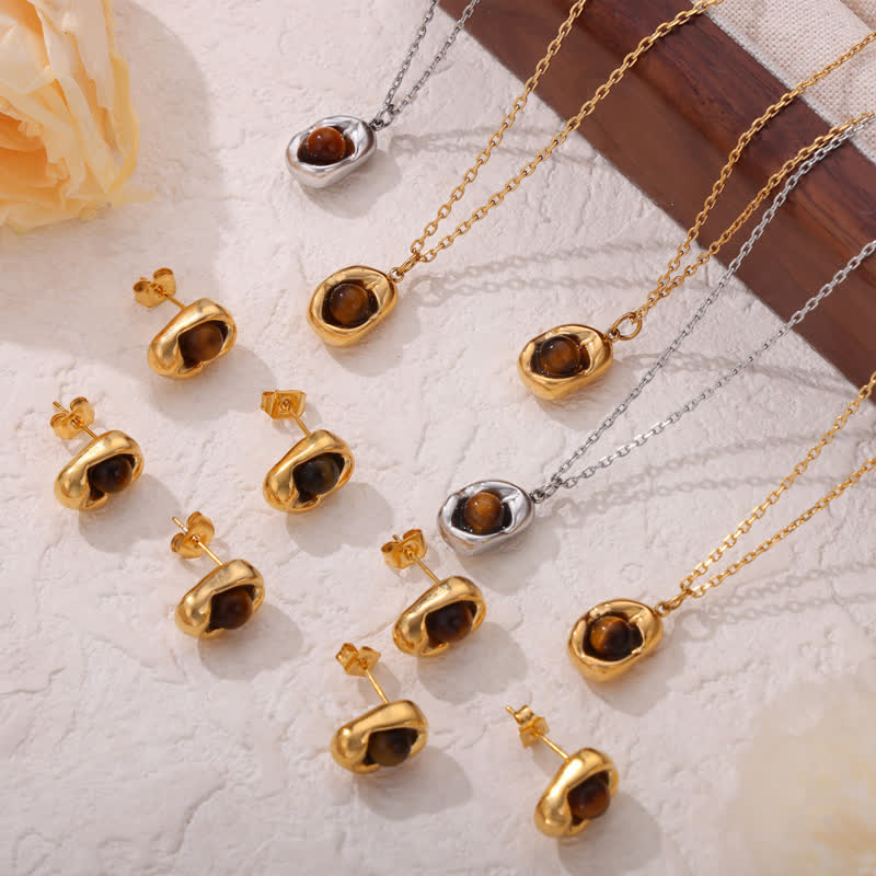 Olivenorma Natural Tiger Eye Irregular Titanium Steel Jewelry Set - image 0