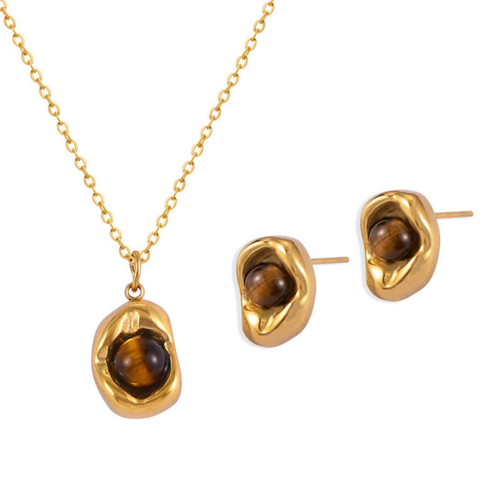 Olivenorma Natural Tiger Eye Irregular Titanium Steel Jewelry Set - Golden - Jewelry Set - image 6