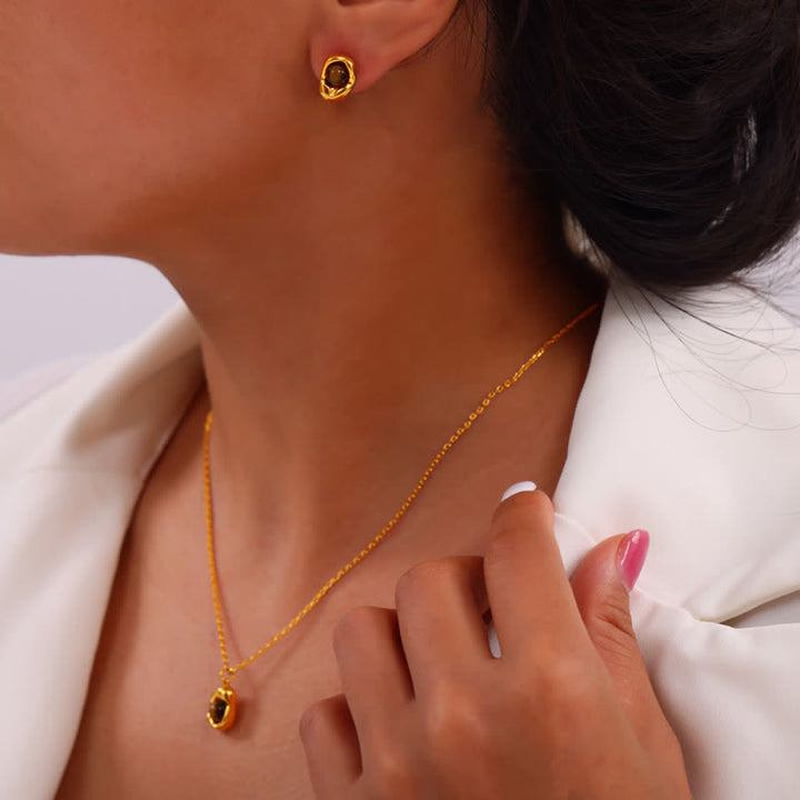 Olivenorma Natural Tiger Eye Irregular Titanium Steel Jewelry Set - Silver - Jewelry Set - image 7