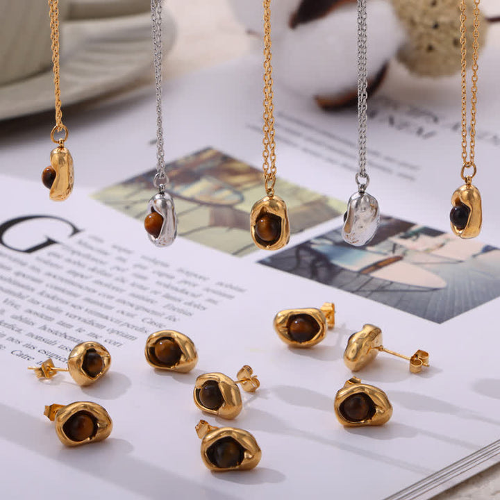Olivenorma Natural Tiger Eye Irregular Titanium Steel Jewelry Set - image 10