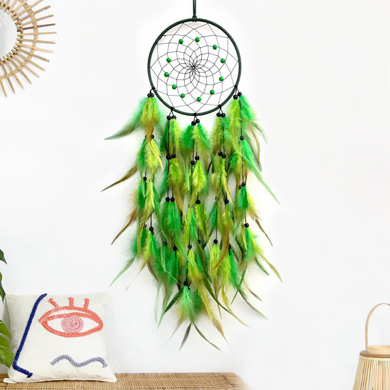 Olivenorma Nordic Style Handwoven Colorful Feather Dream Catcher - Green - image 3