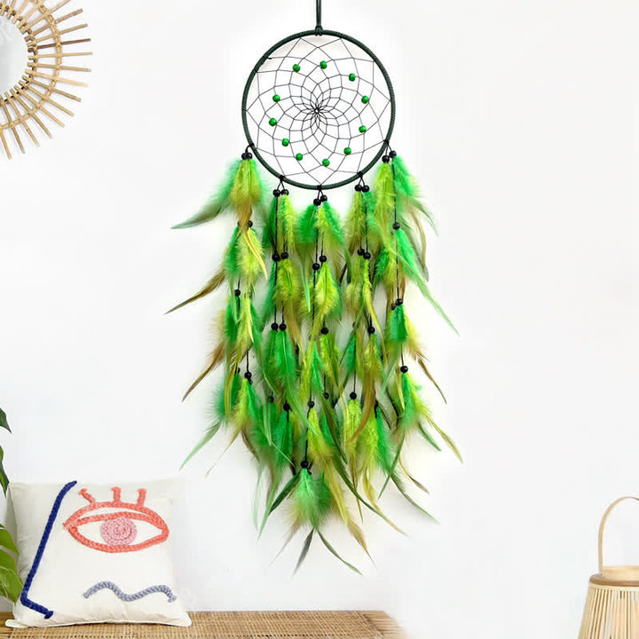 Olivenorma Nordic Style Handwoven Colorful Feather Dream Catcher - Green - image 3