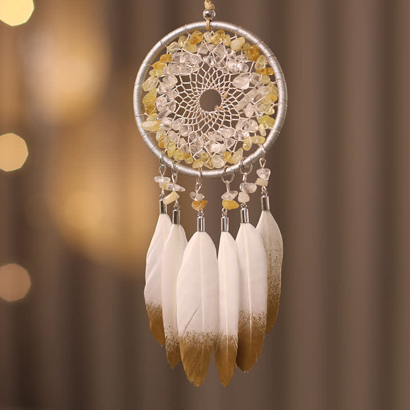 Olivenorma Citrine Clear Crystal Beaded Braided Feather Dream Catcher - Citrine & Clear Crystal - image 0